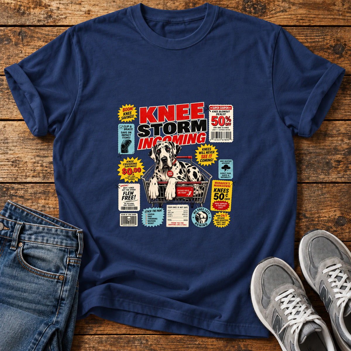 Knee Storm Incoming Great Dane graphic T-shirt in Navy, shown on a flat-lay shirt mockup