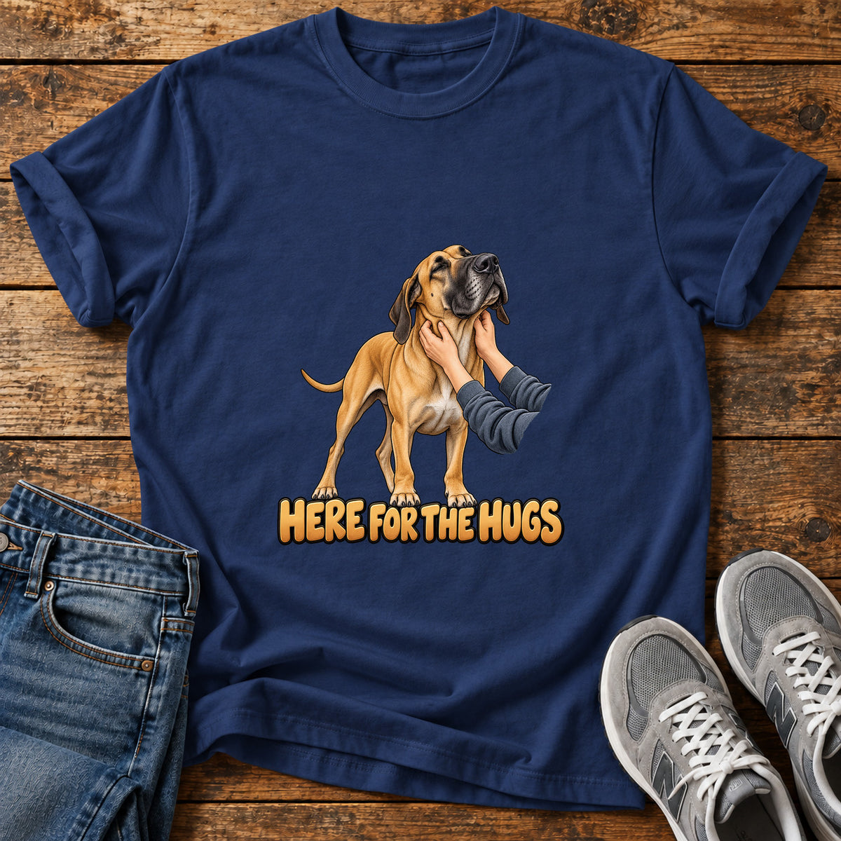 Here For Hugs Great Dane graphic T-shirt in Navy, shown on a flat-lay shirt mockup