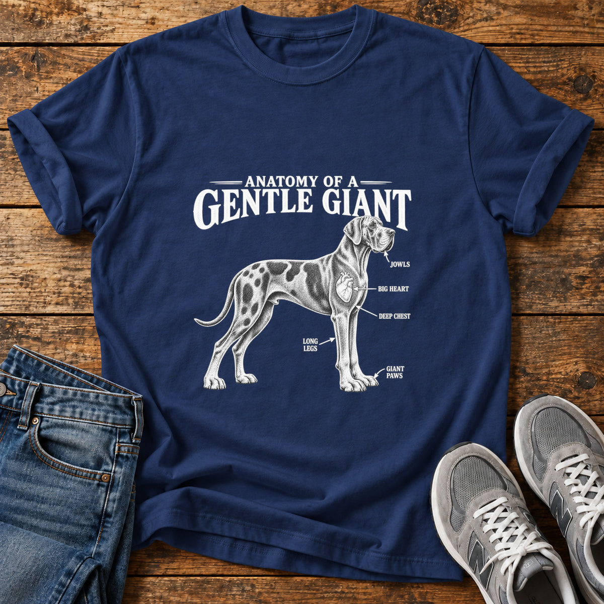 Gentle Giant Great Dane graphic T-shirt in Navy, shown on a flat-lay shirt mockup