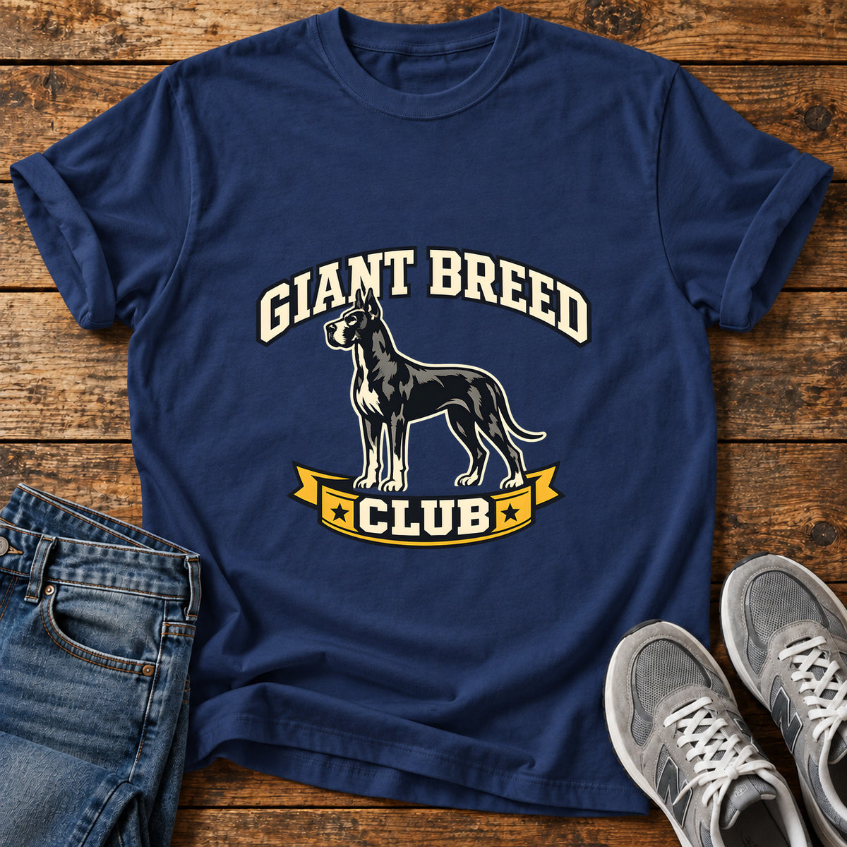Giant Breed Club Great Dane graphic T-shirt in Navy, shown on a flat-lay shirt mockup