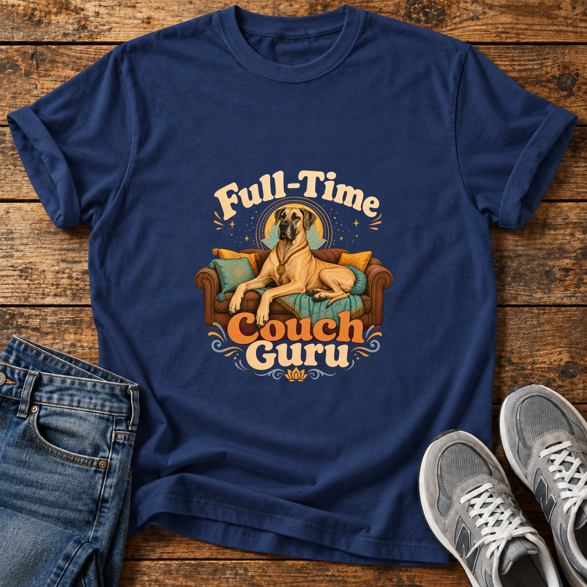 Couch Guru Great Dane graphic T-shirt in Navy, shown on a flat-lay shirt mockup