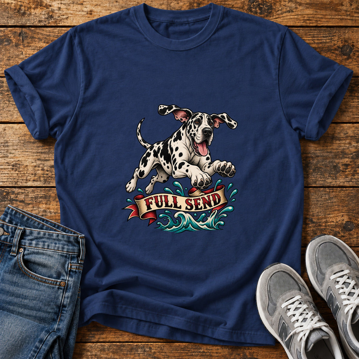 Full Send Pup Great Dane graphic T-shirt in Navy, shown on a flat-lay shirt mockup
