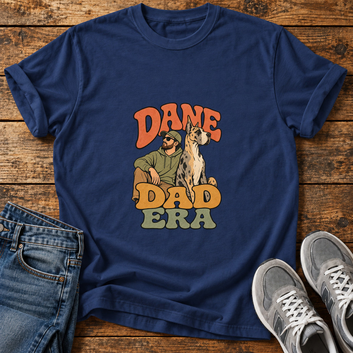Dane Dad Era Great Dane graphic T-shirt in Navy, shown on a flat-lay shirt mockup