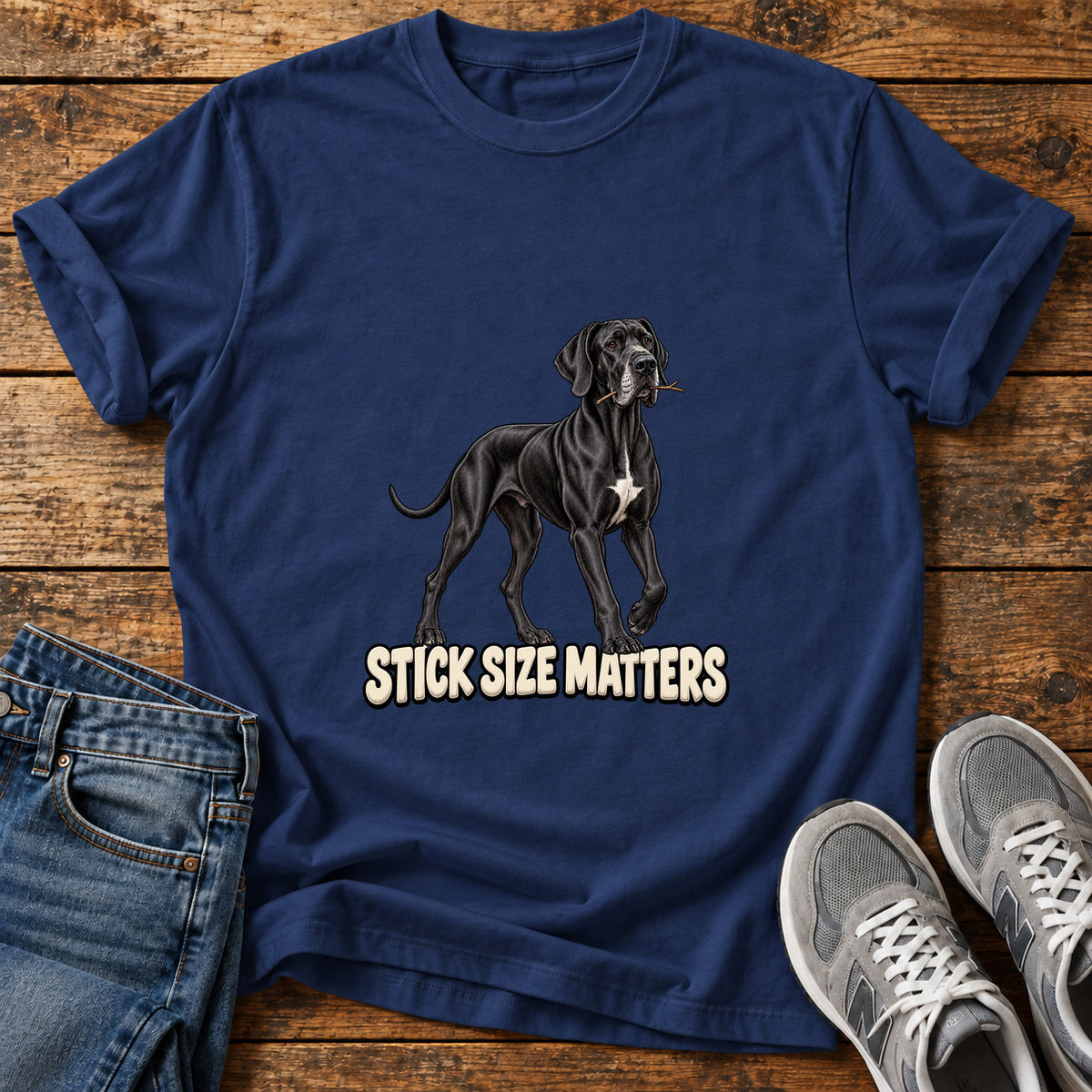 Stick Size Matters Great Dane graphic T-shirt in Navy, shown on a flat-lay shirt mockup