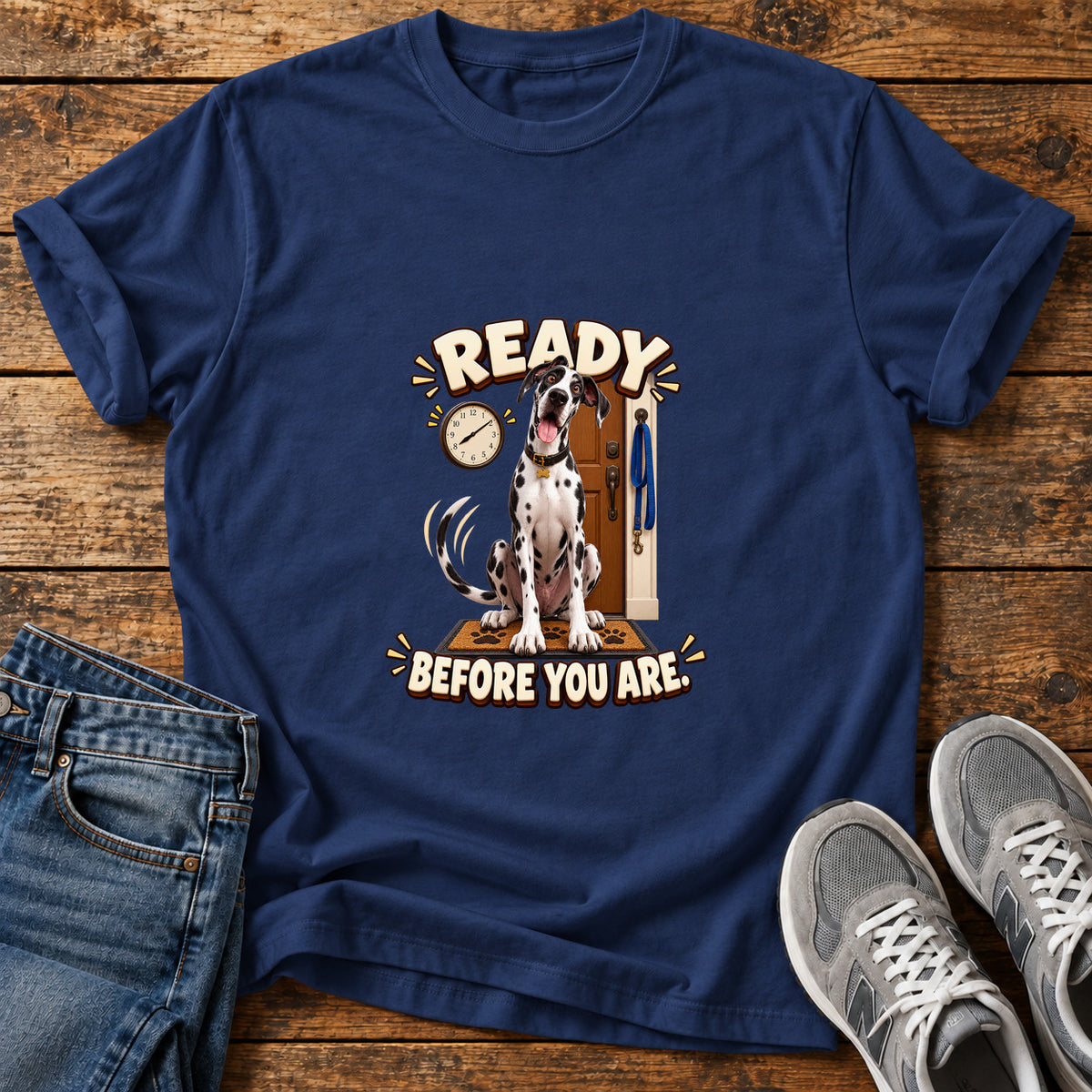 Ready Before You Great Dane graphic T-shirt in Navy, shown on a flat-lay shirt mockup
