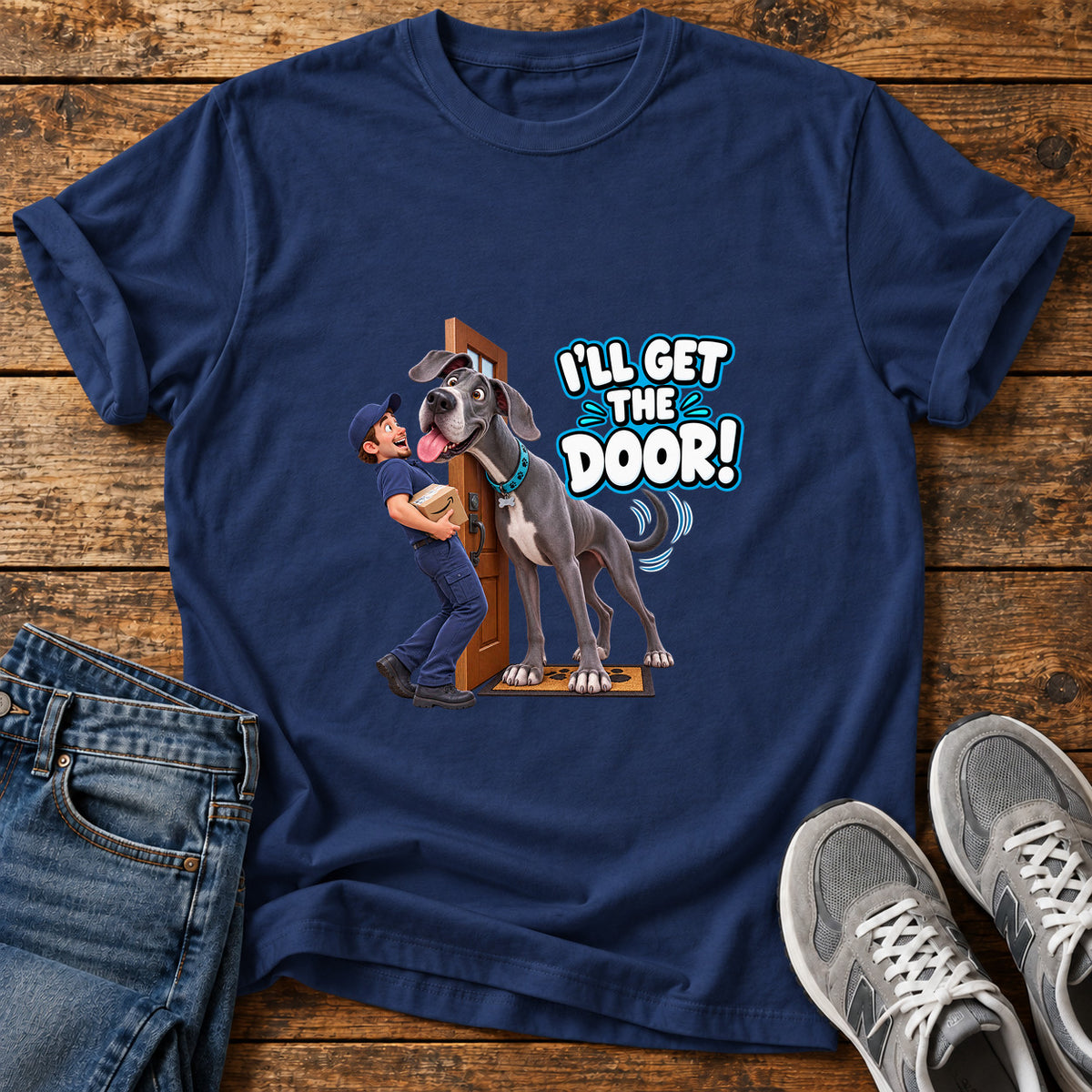 I'll Get Door Great Dane graphic T-shirt in Navy, shown on a flat-lay shirt mockup