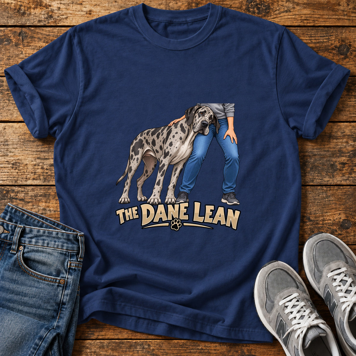 The Dane Lean Great Dane graphic T-shirt in Navy, shown on a flat-lay shirt mockup