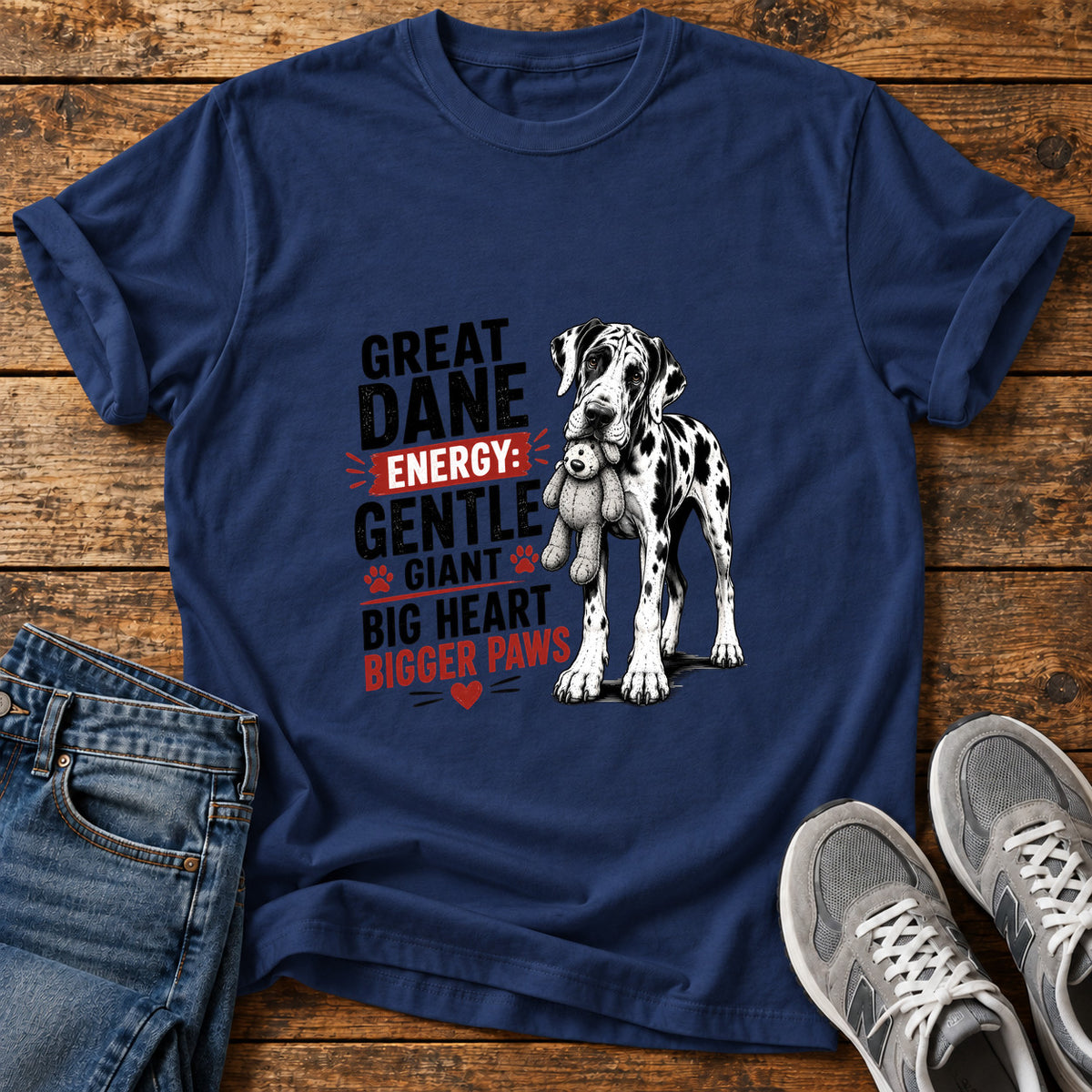 Great Dane Energy graphic T-shirt in Navy, shown on a flat-lay shirt mockup