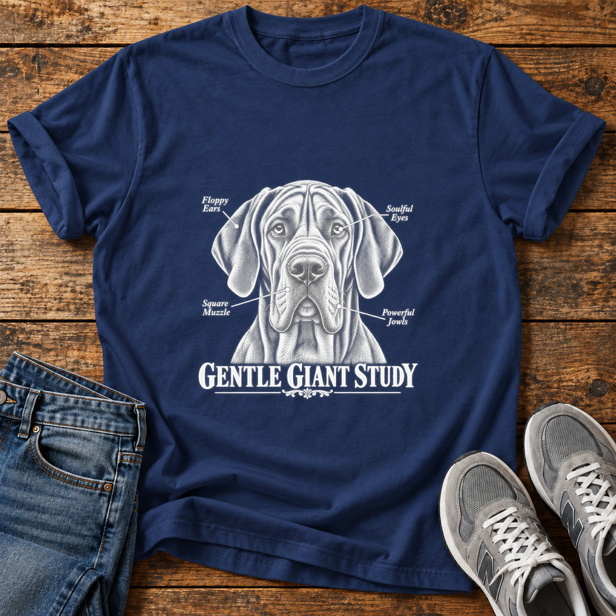 Gentle Giant Study Great Dane graphic T-shirt in Navy, shown on a flat-lay shirt mockup