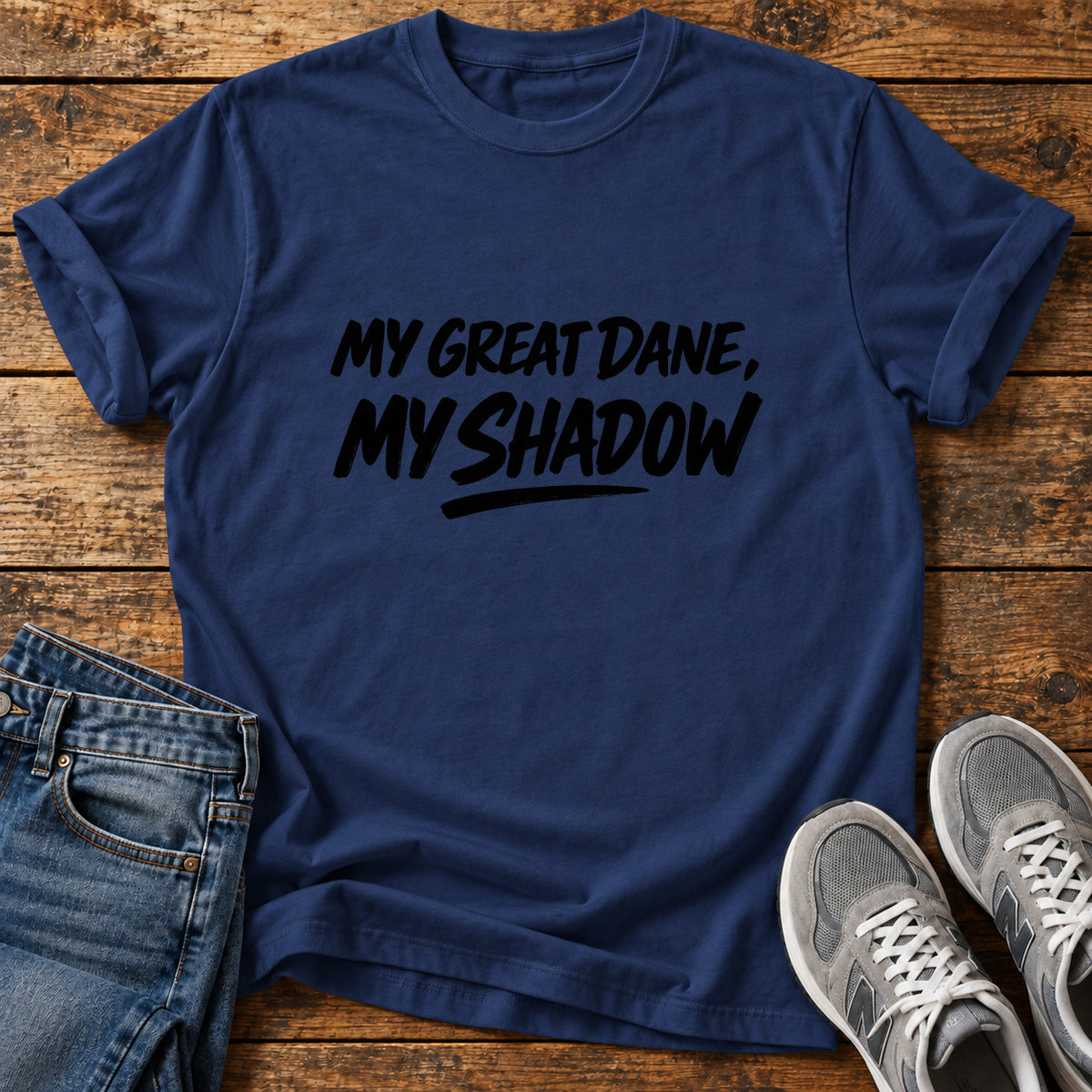 Great Dane Shadow graphic T-shirt in Navy, shown on a flat-lay shirt mockup