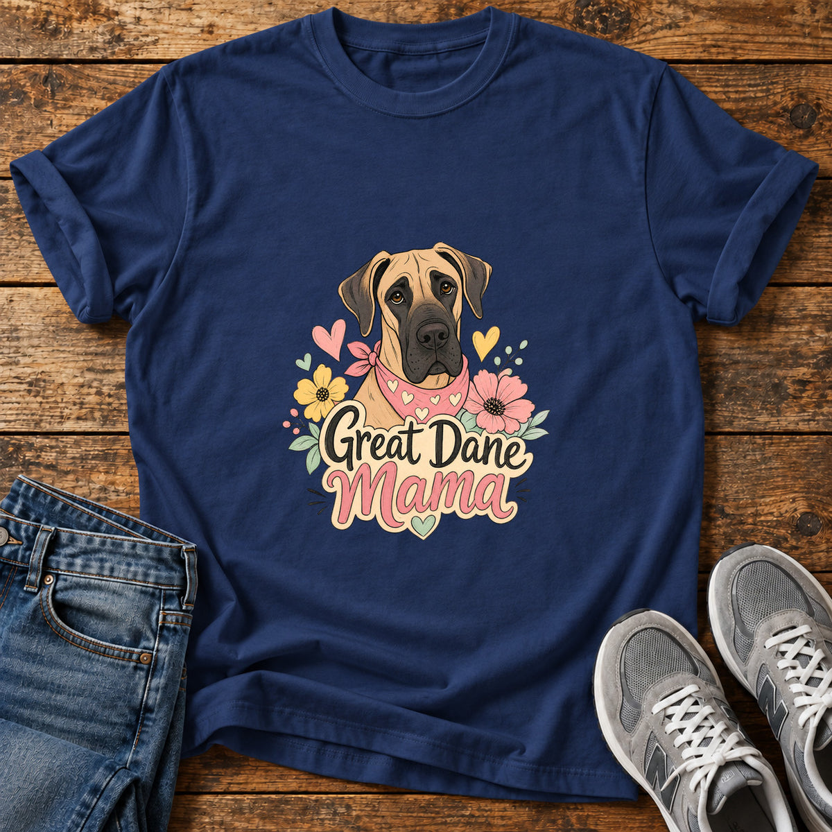 Great Dane Mama graphic T-shirt in Navy, shown on a flat-lay shirt mockup