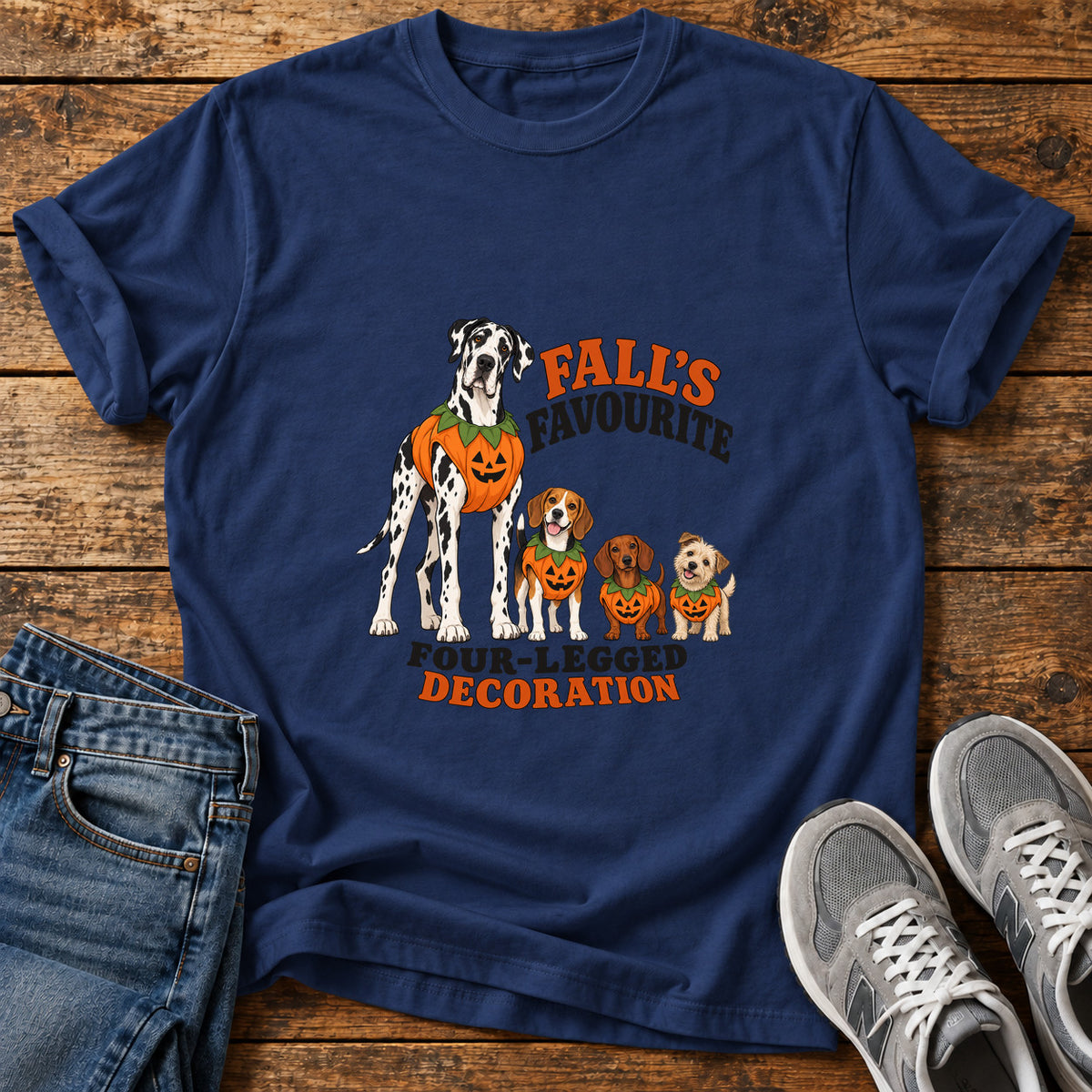 Fall's Favourite Pups Great Dane graphic T-shirt in Navy, shown on a flat-lay shirt mockup