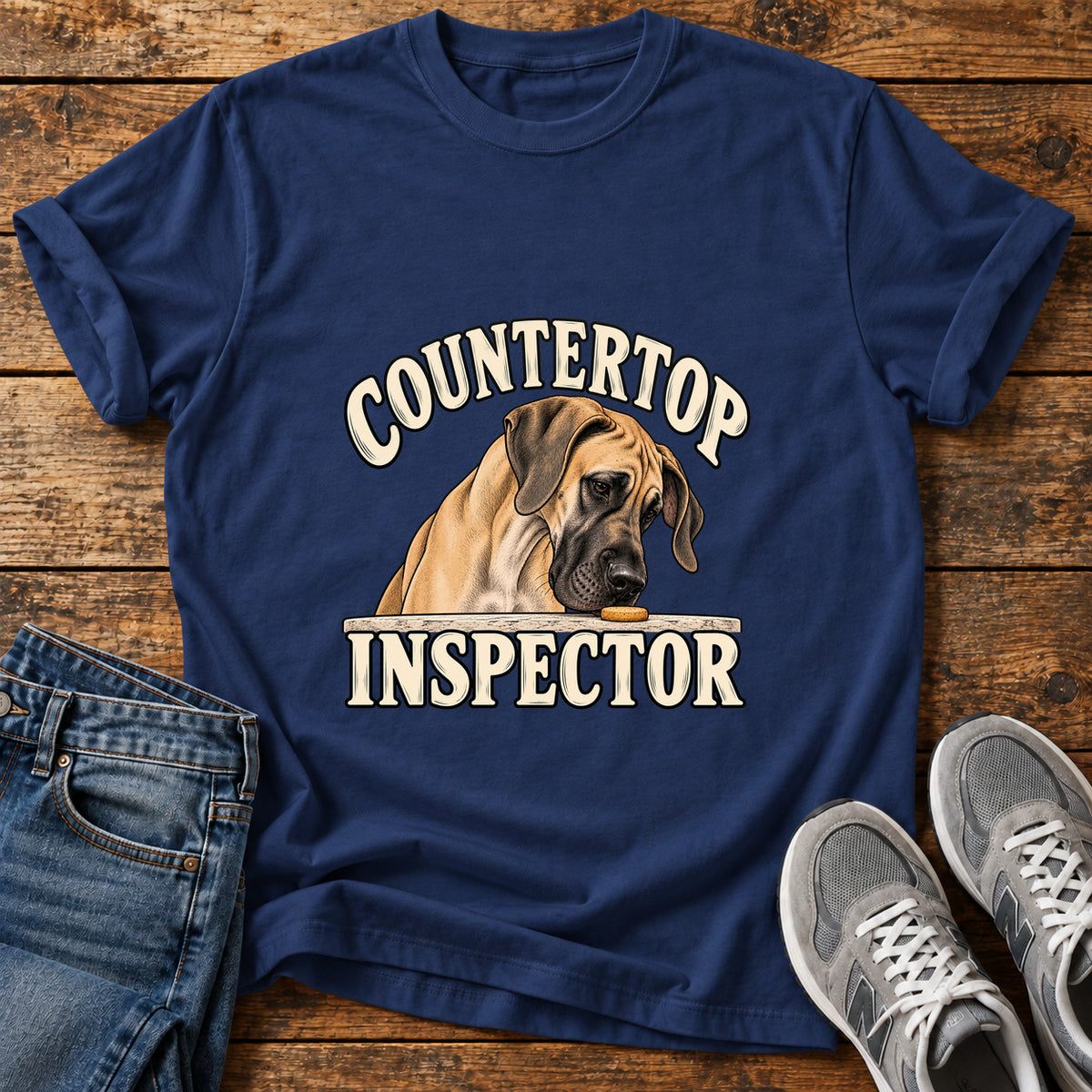 Countertop Inspector Great Dane graphic T-shirt in Navy, shown on a flat-lay shirt mockup