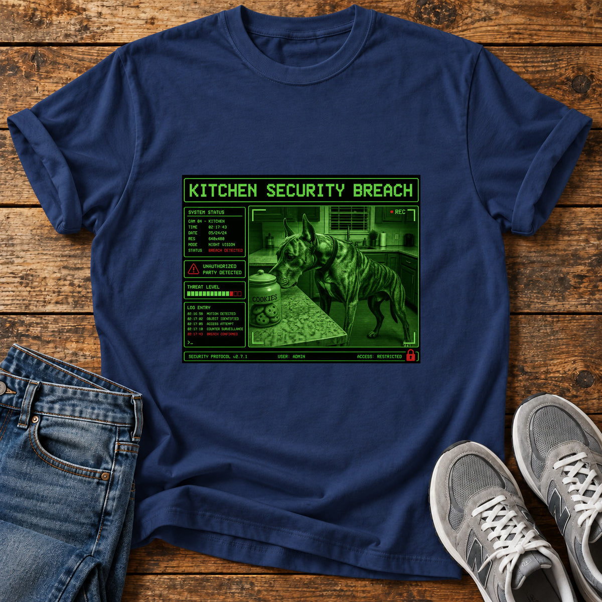 Kitchen Security Breach Great Dane graphic T-shirt in Navy, shown on a flat-lay shirt mockup