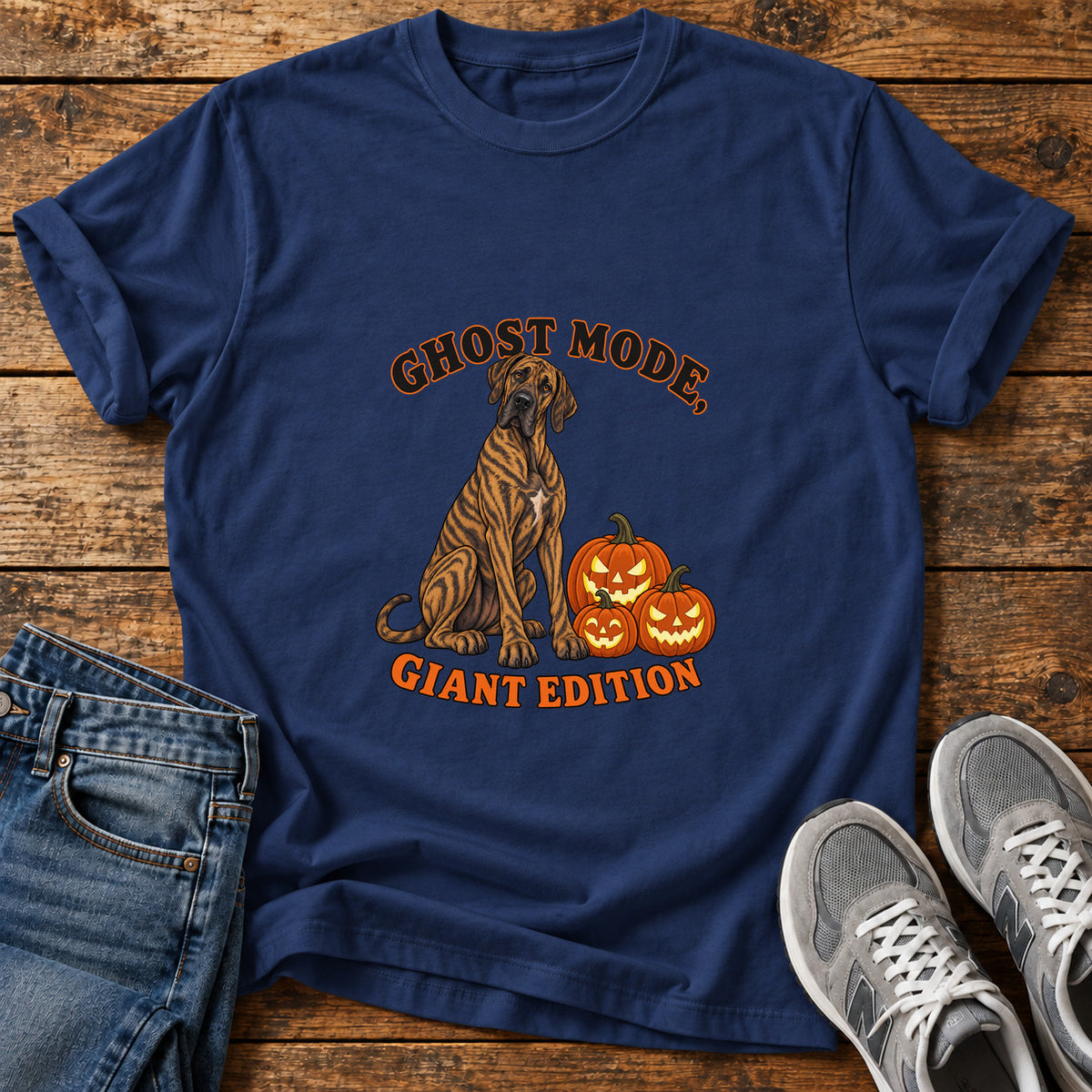 Ghost Mode Giant Great Dane graphic T-shirt in Navy, shown on a flat-lay shirt mockup
