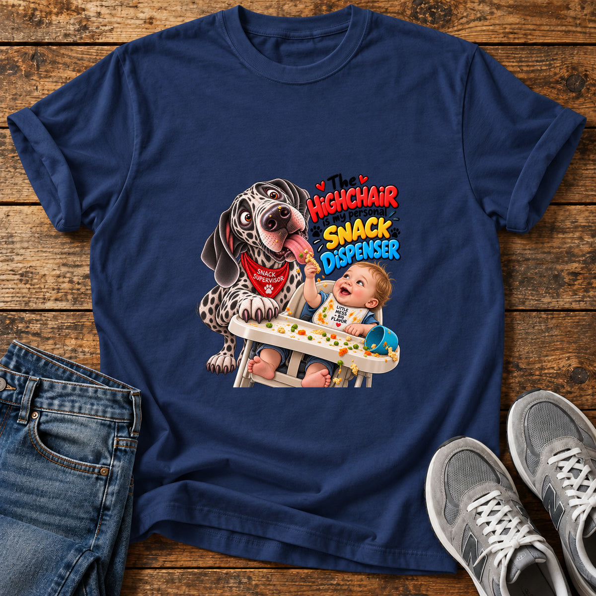 Highchair Snacktime Great Dane graphic T-shirt in Navy, shown on a flat-lay shirt mockup