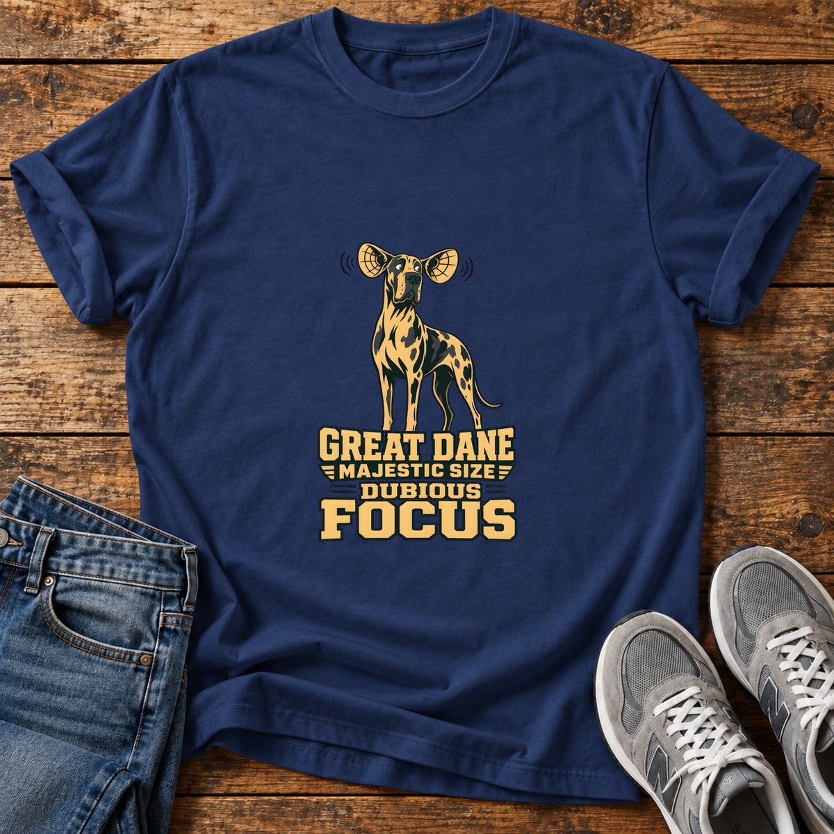 Dubious Focus Great Dane graphic T-shirt in Navy, shown on a flat-lay shirt mockup