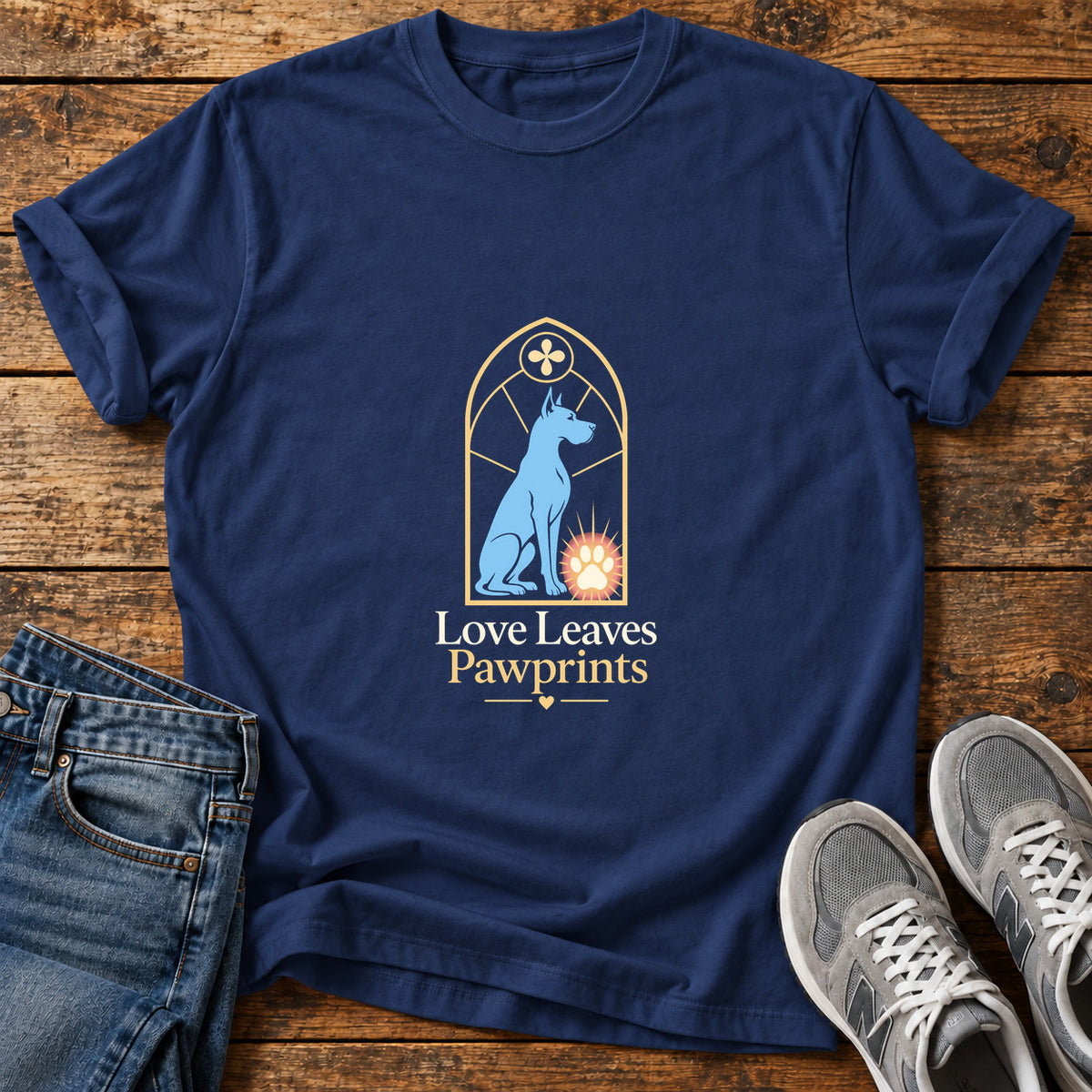 Love Leaves Pawprints Great Dane graphic T-shirt in Navy, shown on a flat-lay shirt mockup