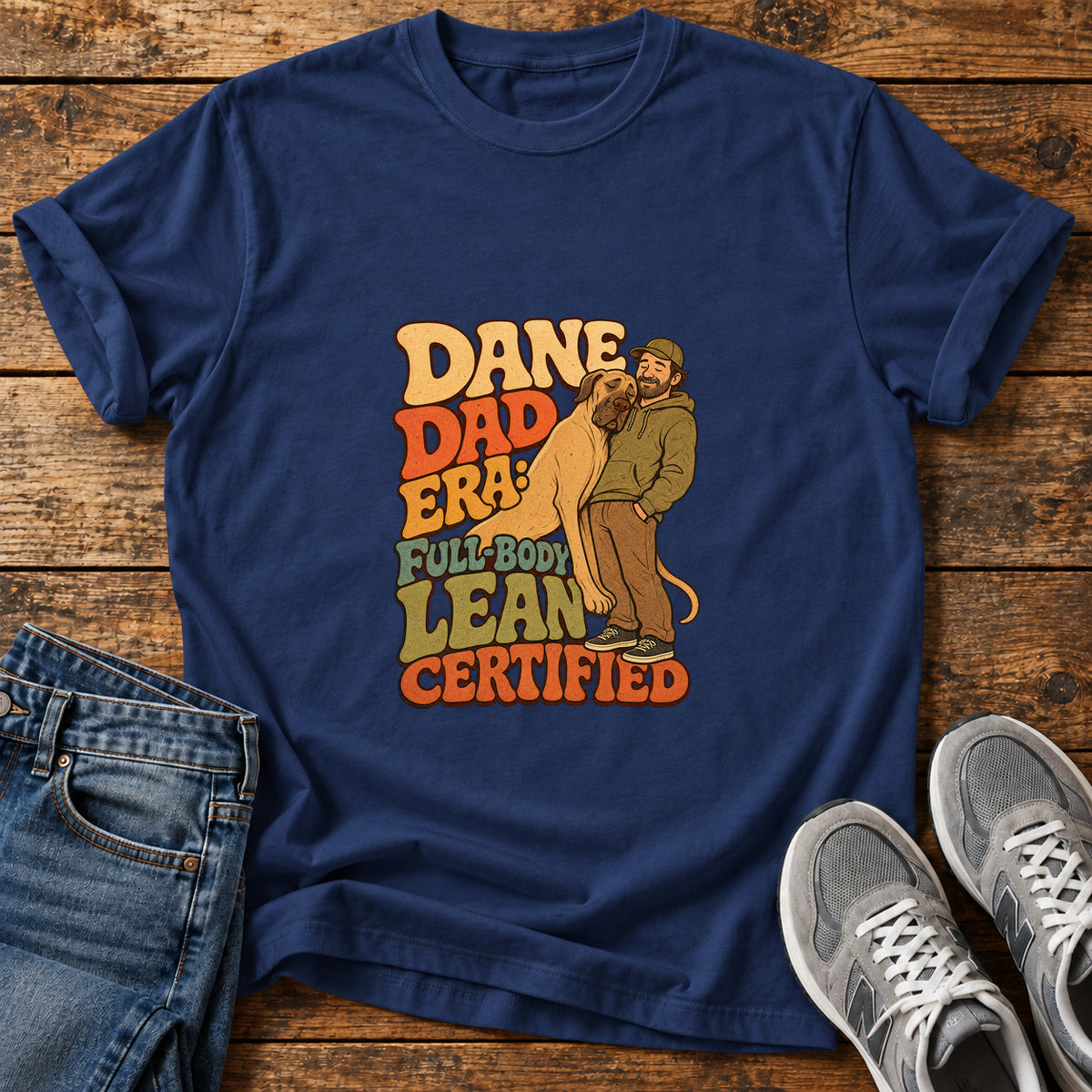Dane Dad Certified Great Dane graphic T-shirt in Navy, shown on a flat-lay shirt mockup