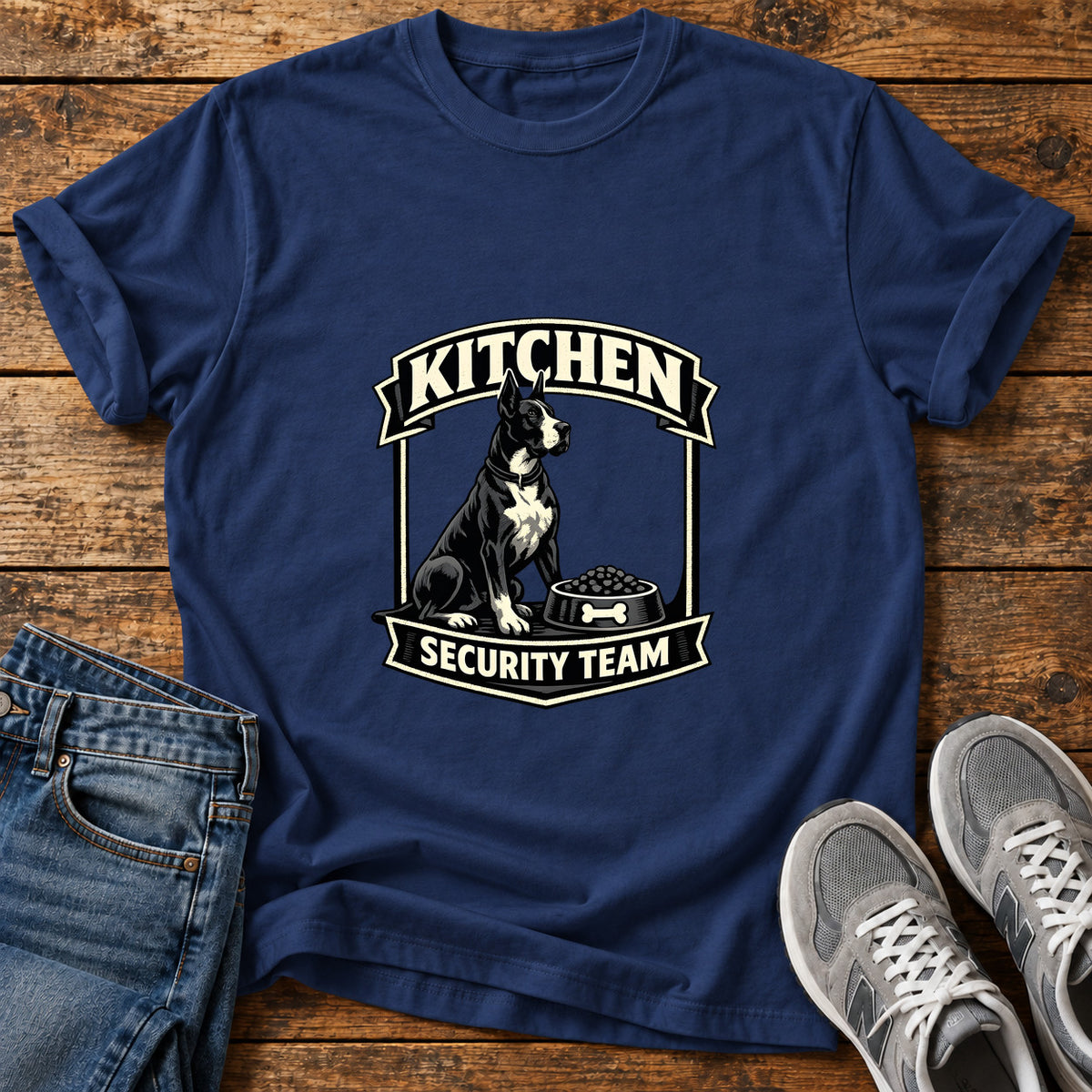Kitchen Security Great Dane graphic T-shirt in Navy, shown on a flat-lay shirt mockup