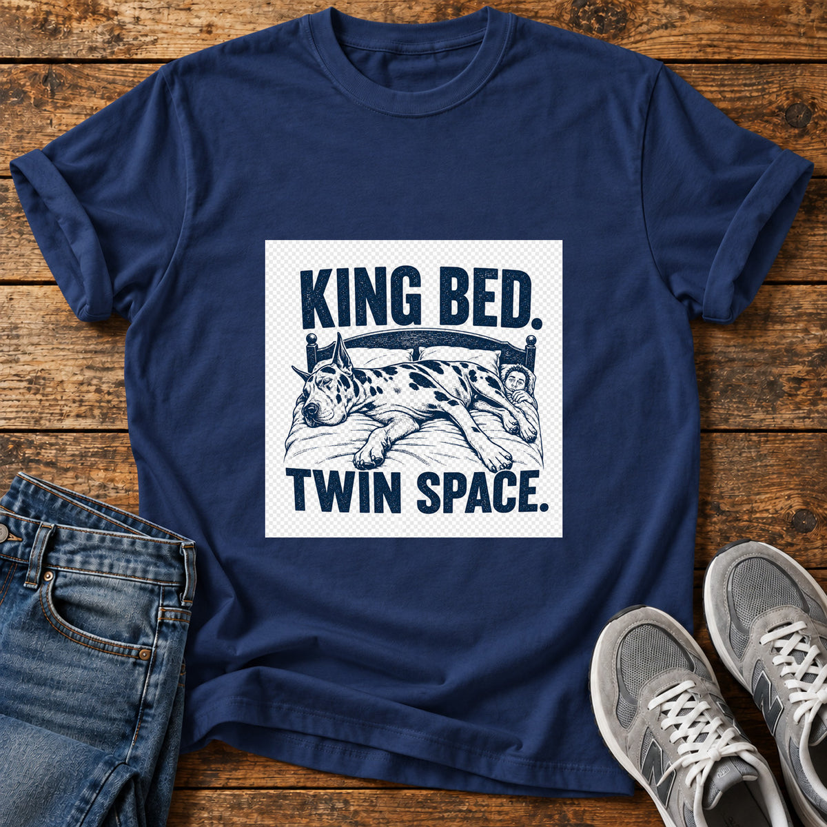 King Bed Great Dane graphic T-shirt in Navy, shown on a flat-lay shirt mockup