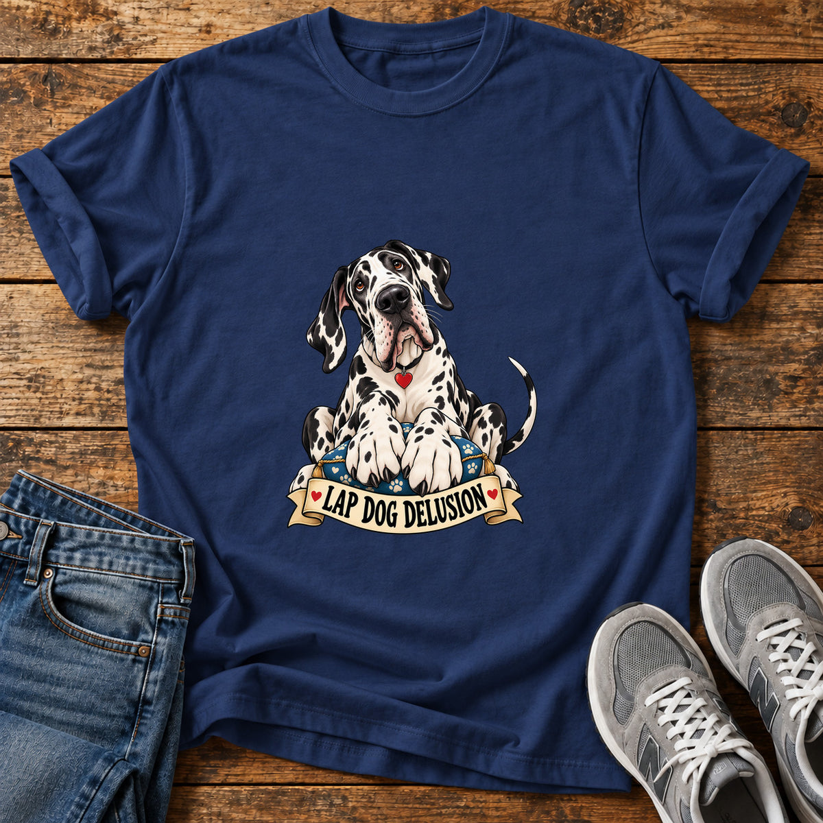 Lap Dog Delusion Great Dane graphic T-shirt in Navy, shown on a flat-lay shirt mockup