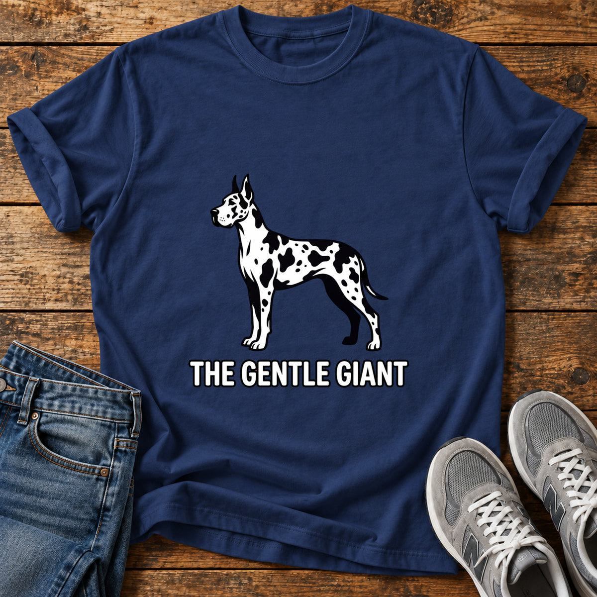 The Gentle Giant Great Dane graphic T-shirt in Navy, shown on a flat-lay shirt mockup