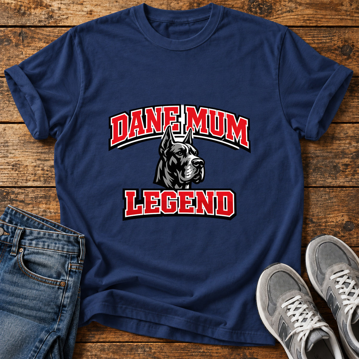 Dane Mum Legend Great Dane graphic T-shirt in Navy, shown on a flat-lay shirt mockup