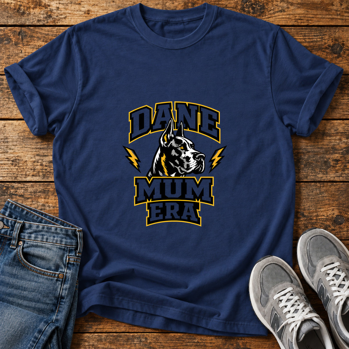 Dane Mum Era Great Dane graphic T-shirt in Navy, shown on a flat-lay shirt mockup