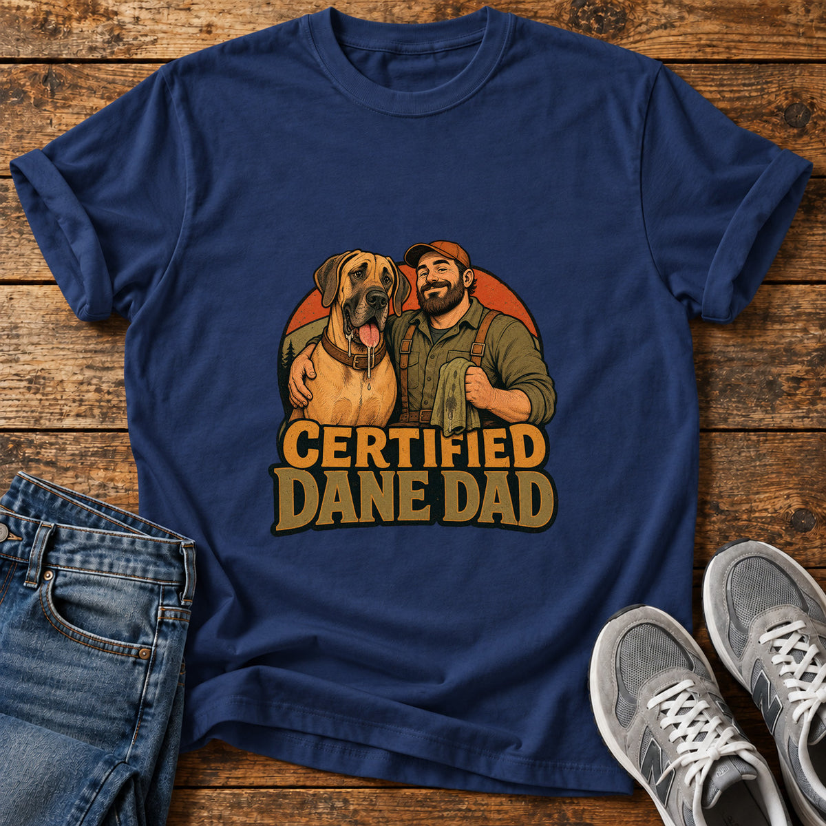 Certified Dane Dad Great Dane graphic T-shirt in Navy, shown on a flat-lay shirt mockup