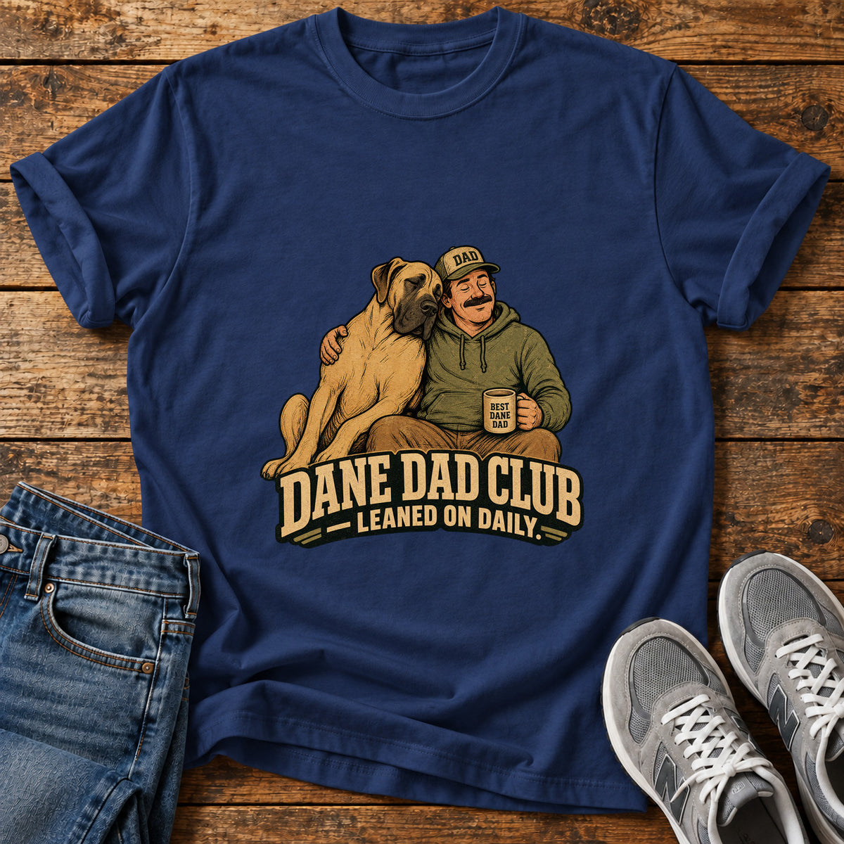 Dane Dad Club Great Dane graphic T-shirt in Navy, shown on a flat-lay shirt mockup