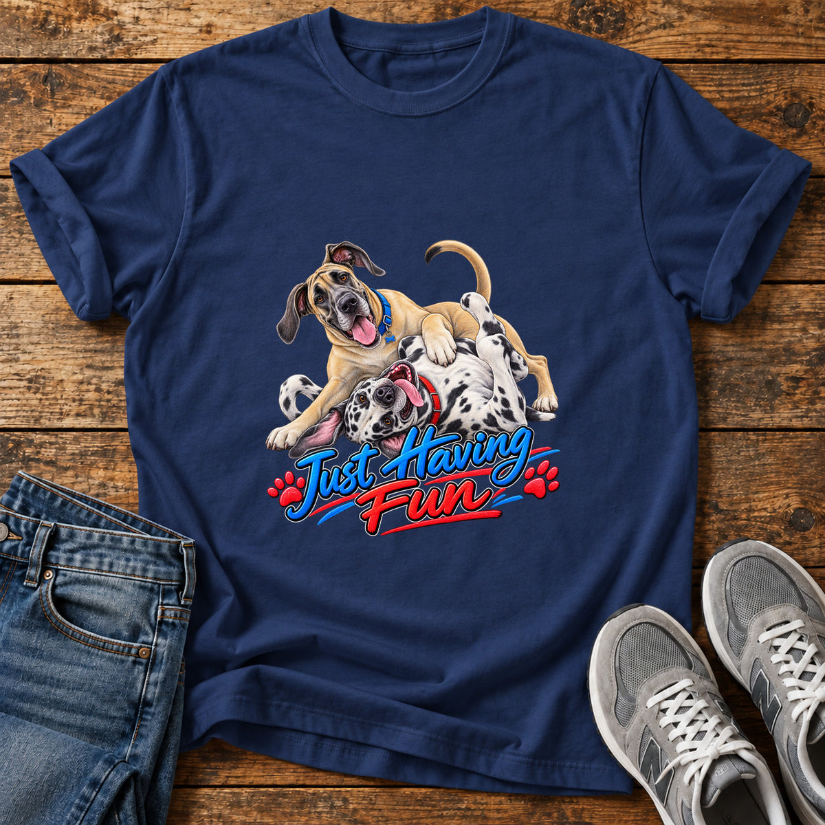 Just Having Fun Great Dane graphic T-shirt in Navy, shown on a flat-lay shirt mockup