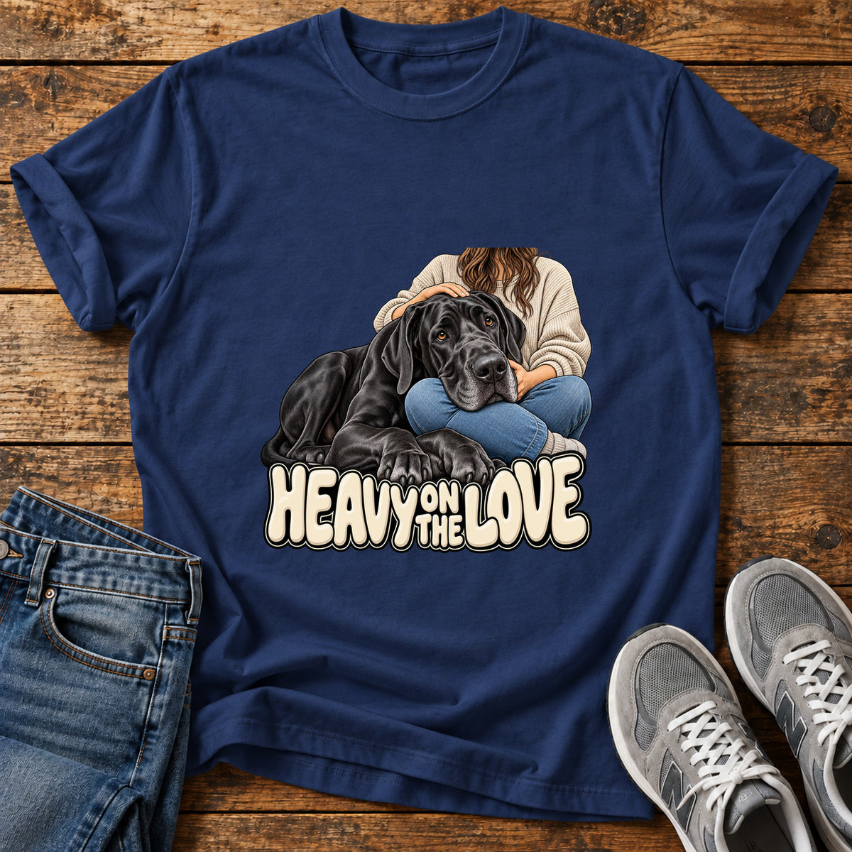 Heavy Love Great Dane graphic T-shirt in Navy, shown on a flat-lay shirt mockup
