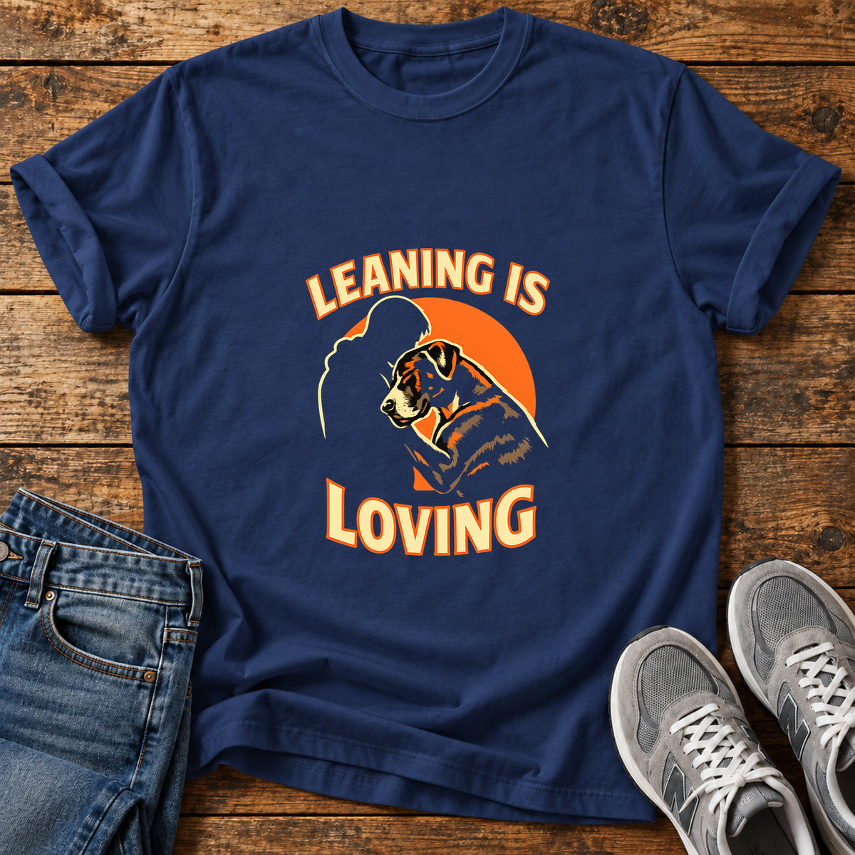 Leaning Is Loving Great Dane graphic T-shirt in Navy, shown on a flat-lay shirt mockup