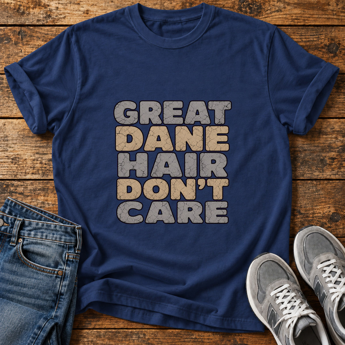 Great Dane Attitude graphic T-shirt in Navy, shown on a flat-lay shirt mockup
