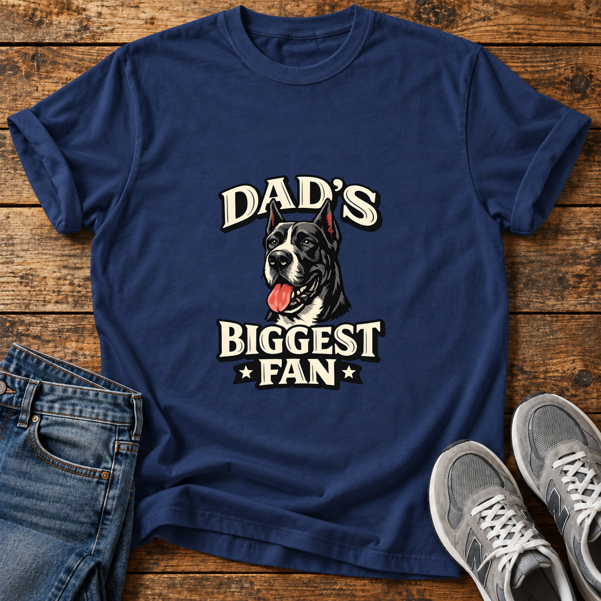 Dad's Biggest Fan Great Dane graphic T-shirt in Navy, shown on a flat-lay shirt mockup