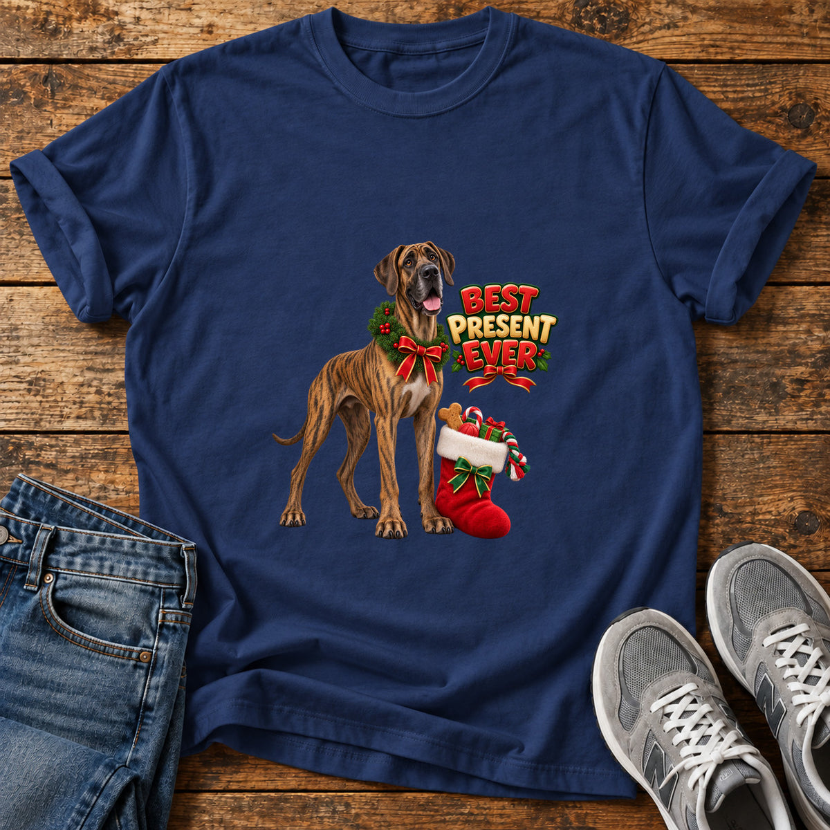 Best Present Ever Great Dane graphic T-shirt in Navy, shown on a flat-lay shirt mockup
