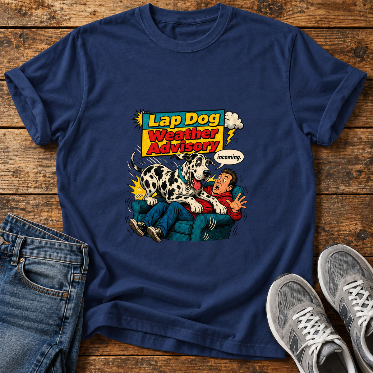 Lap Dog Advisory Great Dane graphic T-shirt in Navy, shown on a flat-lay shirt mockup
