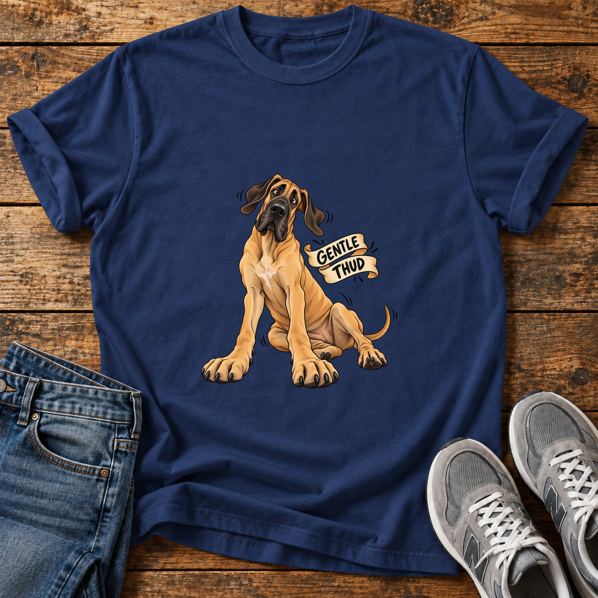 Gentle Thud Great Dane graphic T-shirt in Navy, shown on a flat-lay shirt mockup