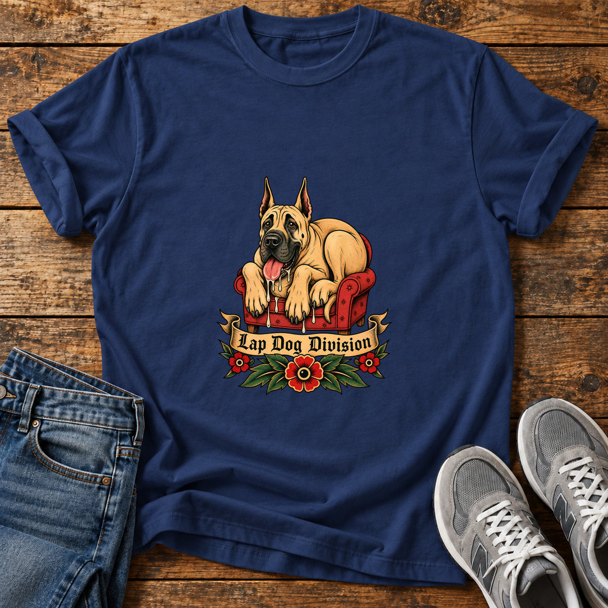 Lap Dog Division Great Dane graphic T-shirt in Navy, shown on a flat-lay shirt mockup