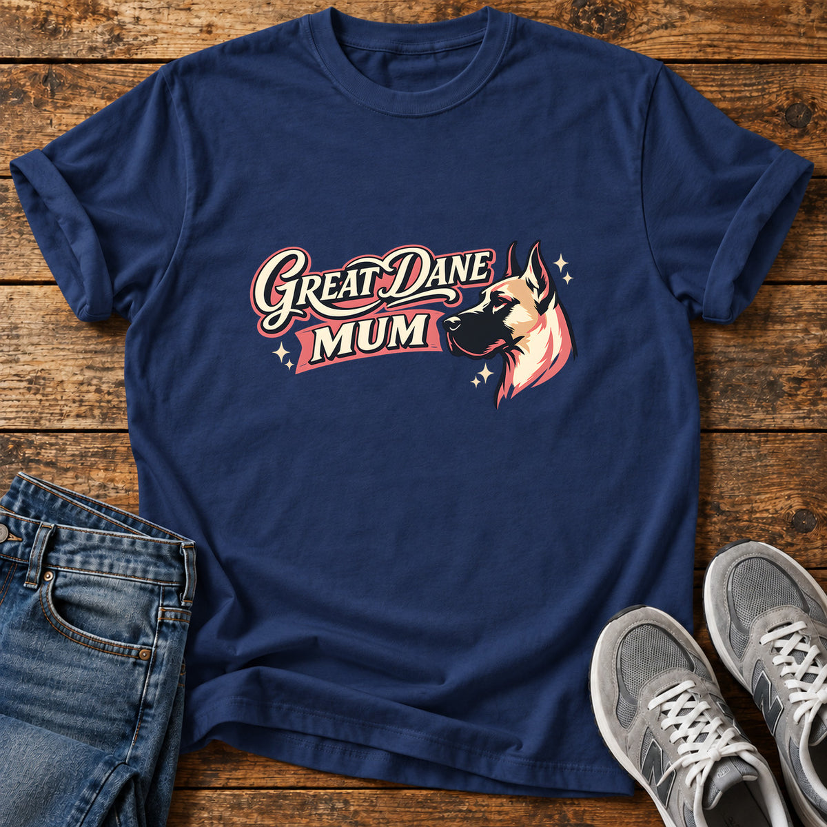 Great Dane Mum graphic T-shirt in Navy, shown on a flat-lay shirt mockup