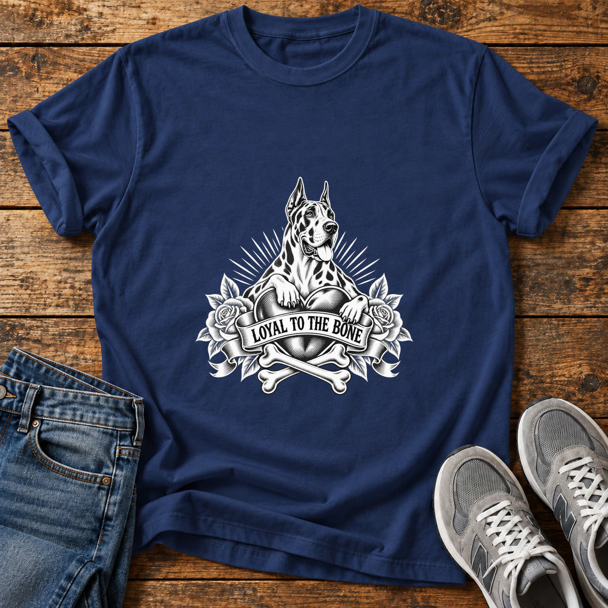 Loyal To The Great Dane graphic T-shirt in Navy, shown on a flat-lay shirt mockup