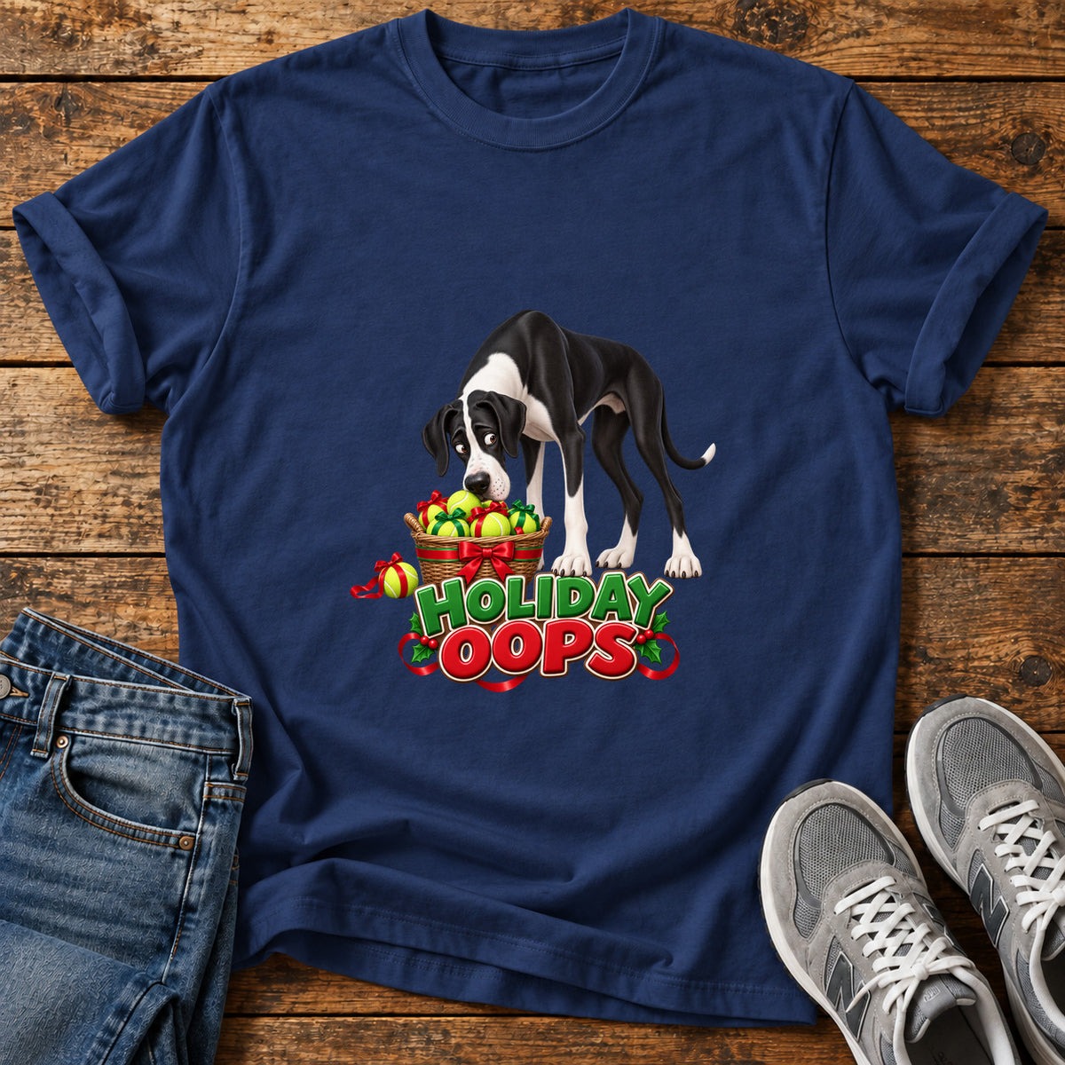 Holiday Oops Great Dane graphic T-shirt in Navy, shown on a flat-lay shirt mockup