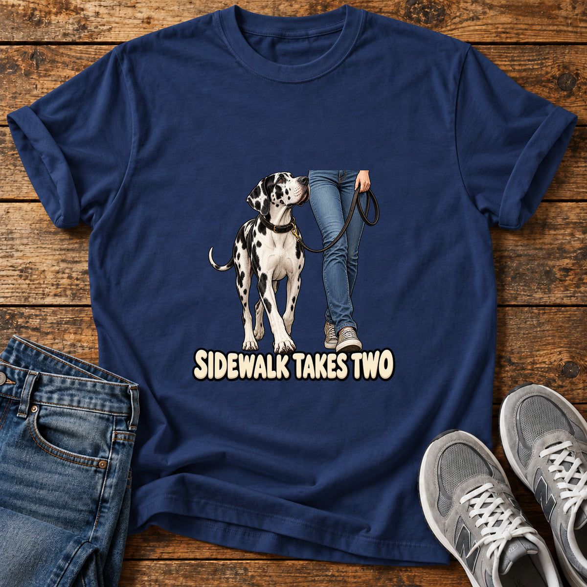 Sidewalk Takes Two Great Dane graphic T-shirt in Navy, shown on a flat-lay shirt mockup