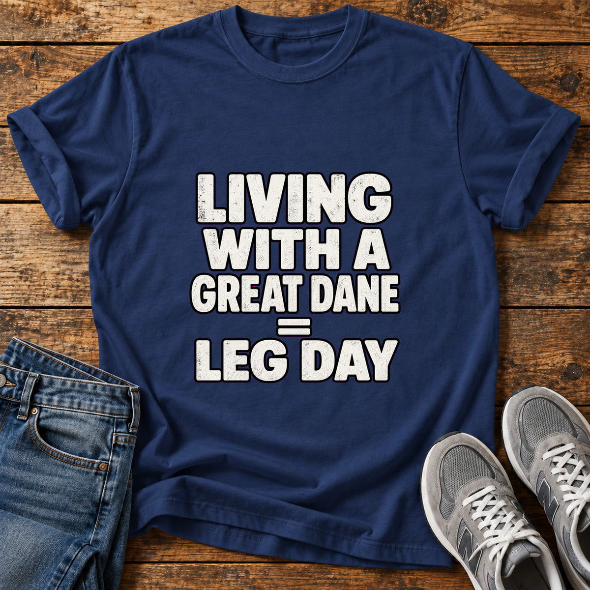 Great Dane Leg graphic T-shirt in Navy, shown on a flat-lay shirt mockup