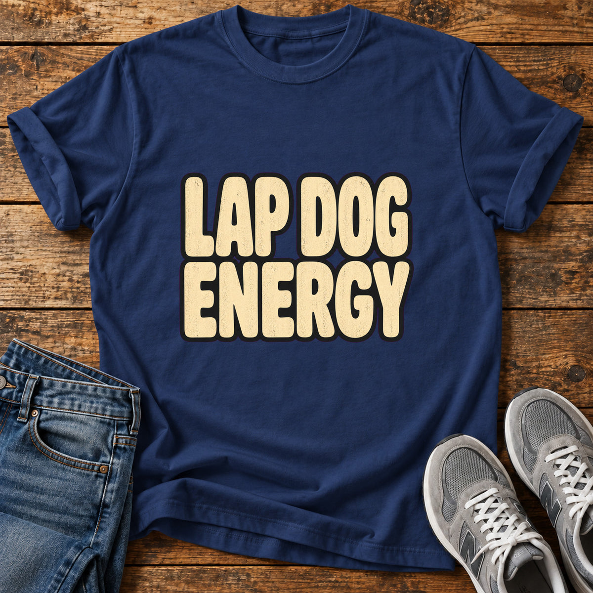 Lap Dog Energy Great Dane graphic T-shirt in Navy, shown on a flat-lay shirt mockup