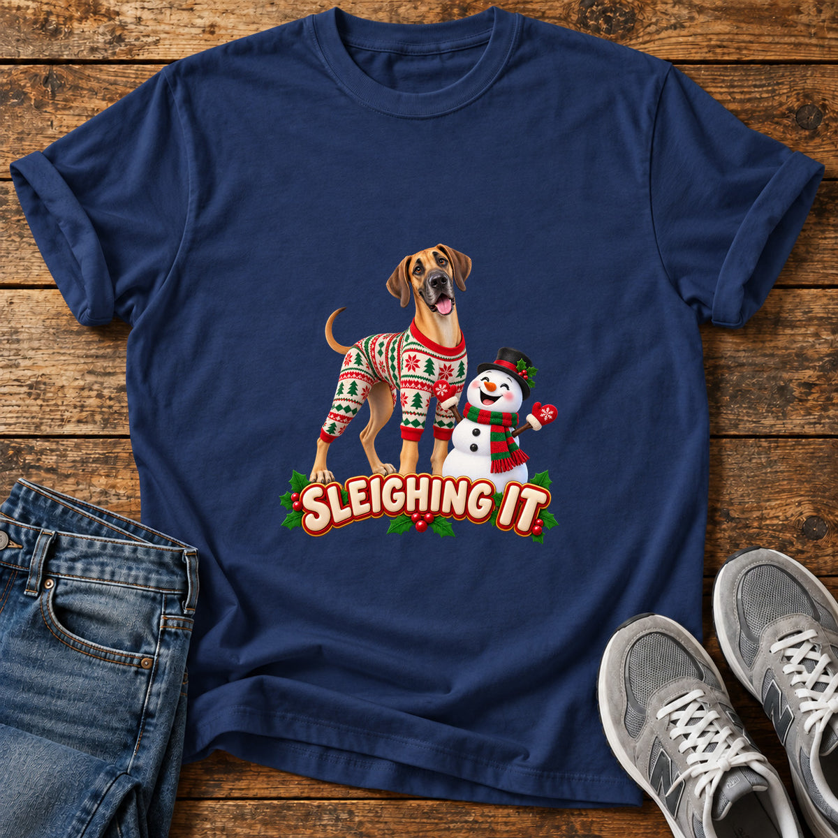 Sleighing It Great Dane graphic T-shirt in Navy, shown on a flat-lay shirt mockup