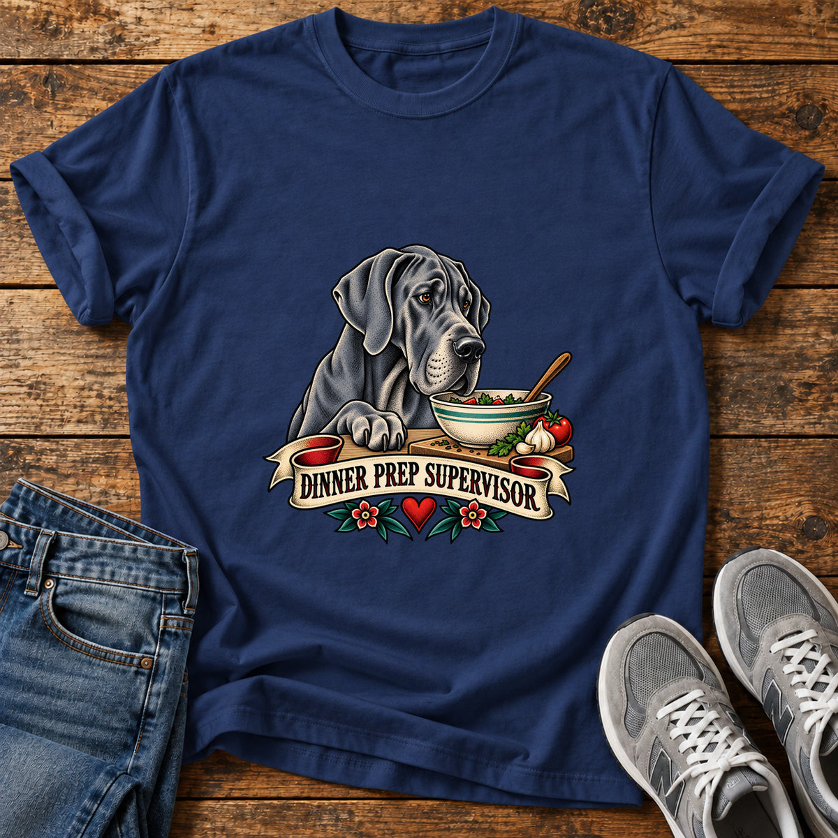 Dinner Prep Supervisor Great Dane graphic T-shirt in Navy, shown on a flat-lay shirt mockup