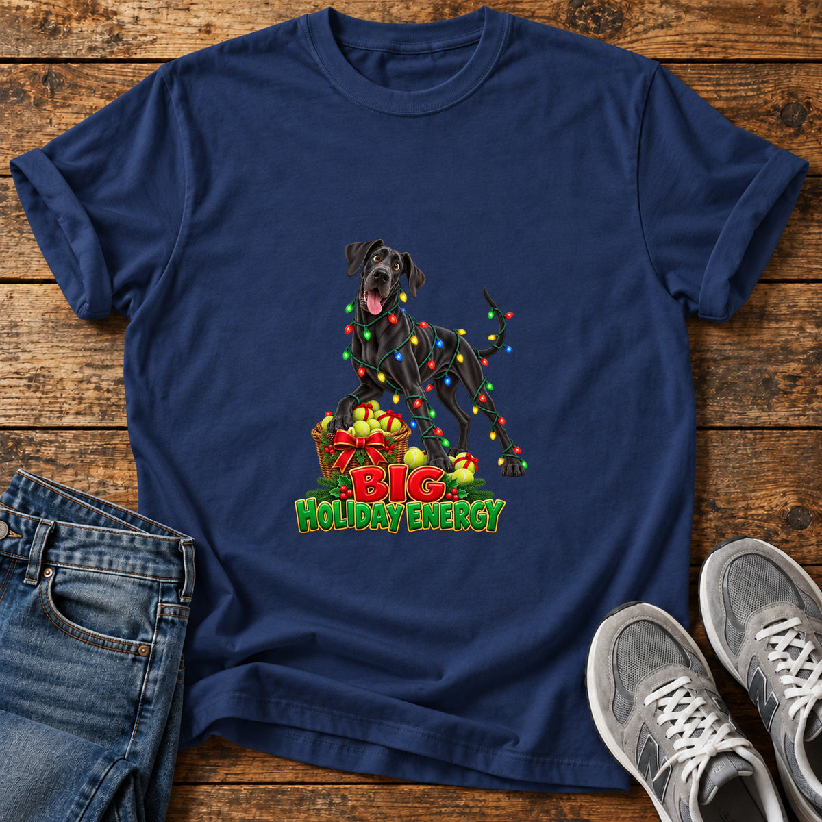 Big Holiday Energy Great Dane graphic T-shirt in Navy, shown on a flat-lay shirt mockup