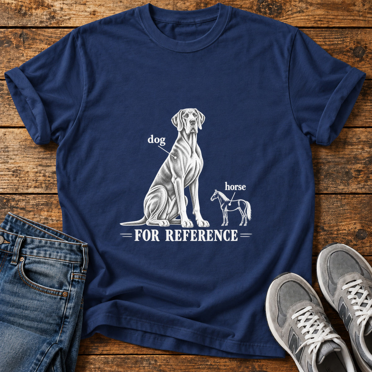 Dog Reference Great Dane graphic T-shirt in Navy, shown on a flat-lay shirt mockup